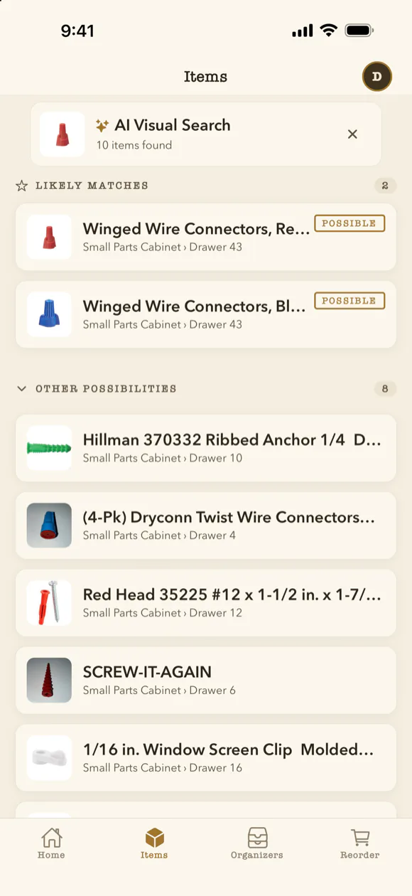 AI image search results showing matching items and the drawers they are stored in