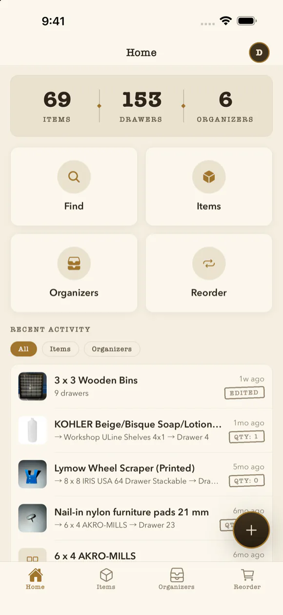 WhichDrawer app showing items list