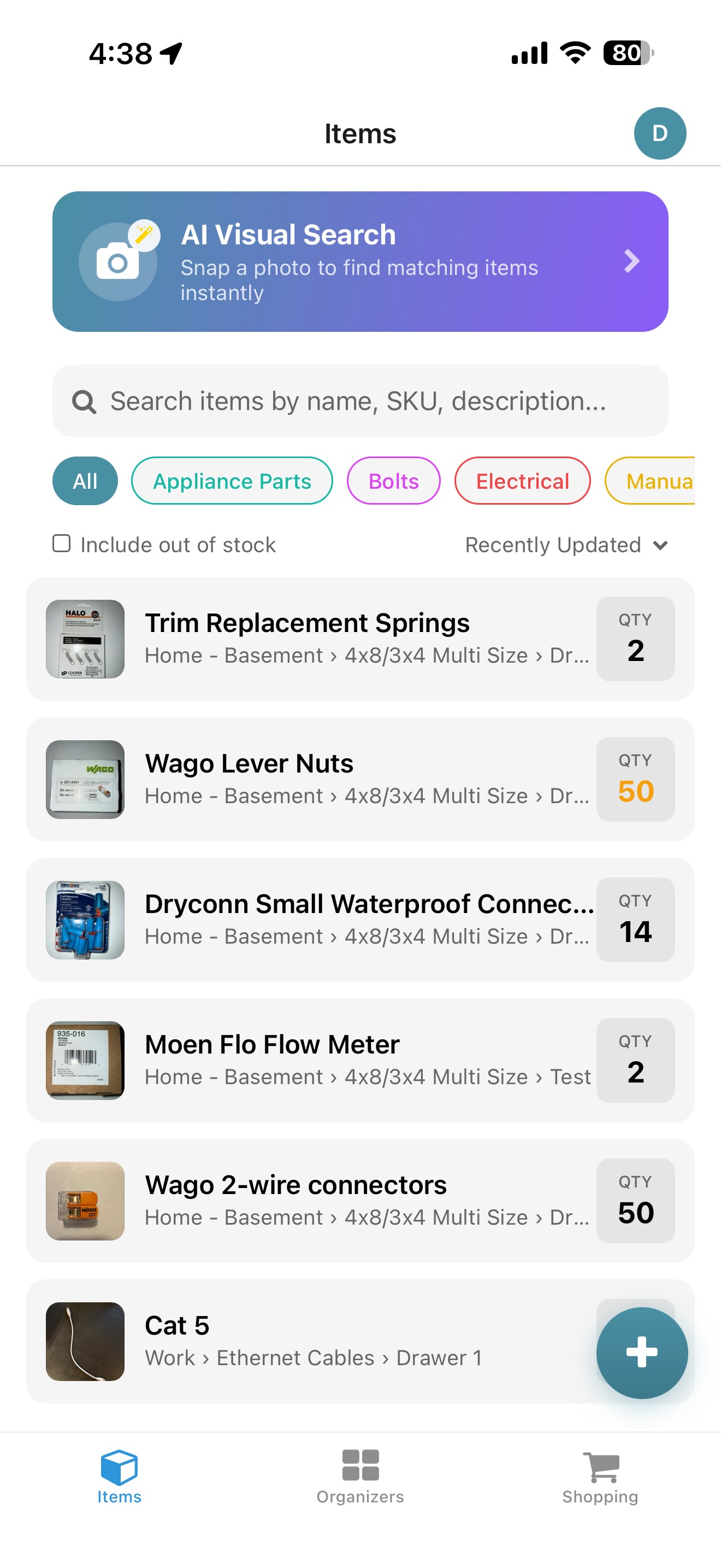 WhichDrawer app showing items list