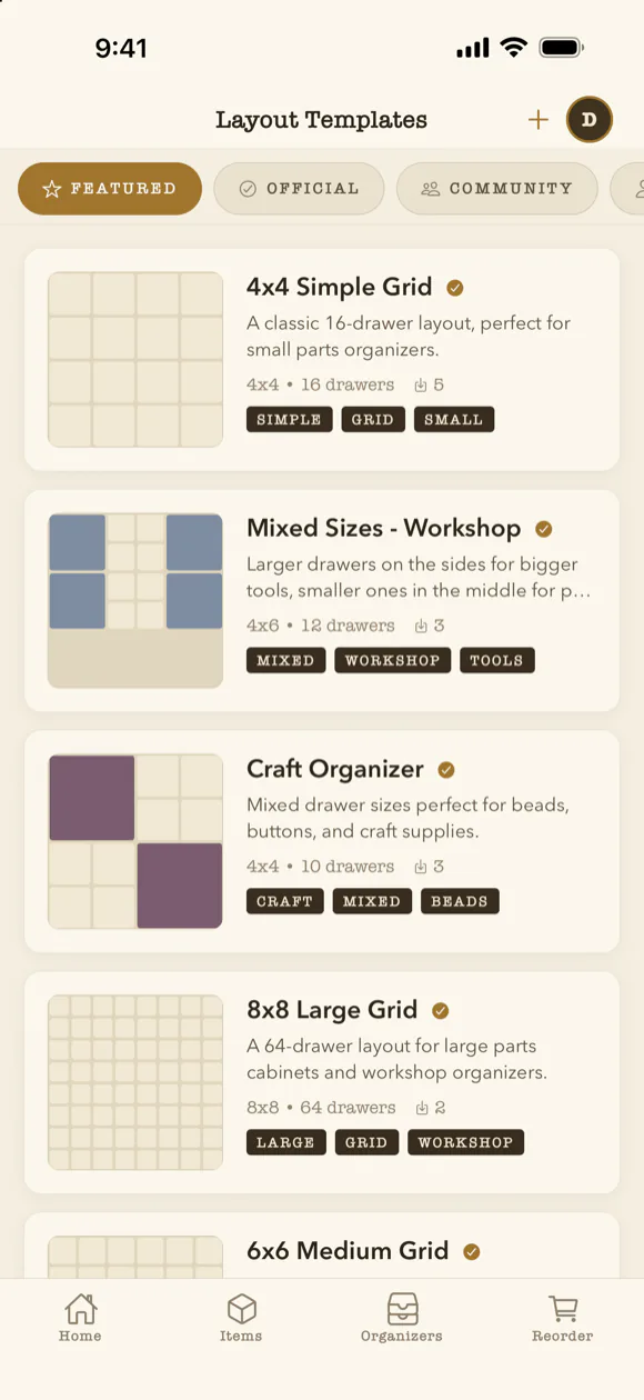 Layout template gallery of ready-made drawer grids