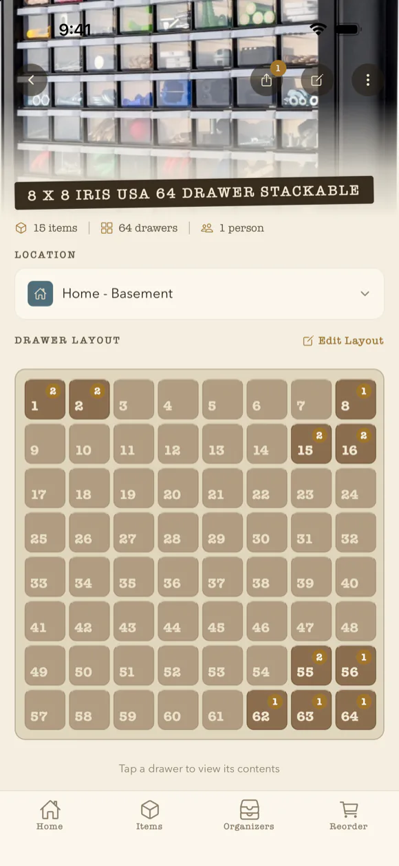 Organizer with drawer grid