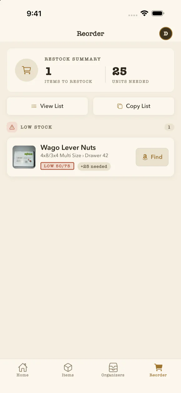 Shopping list showing low stock items
