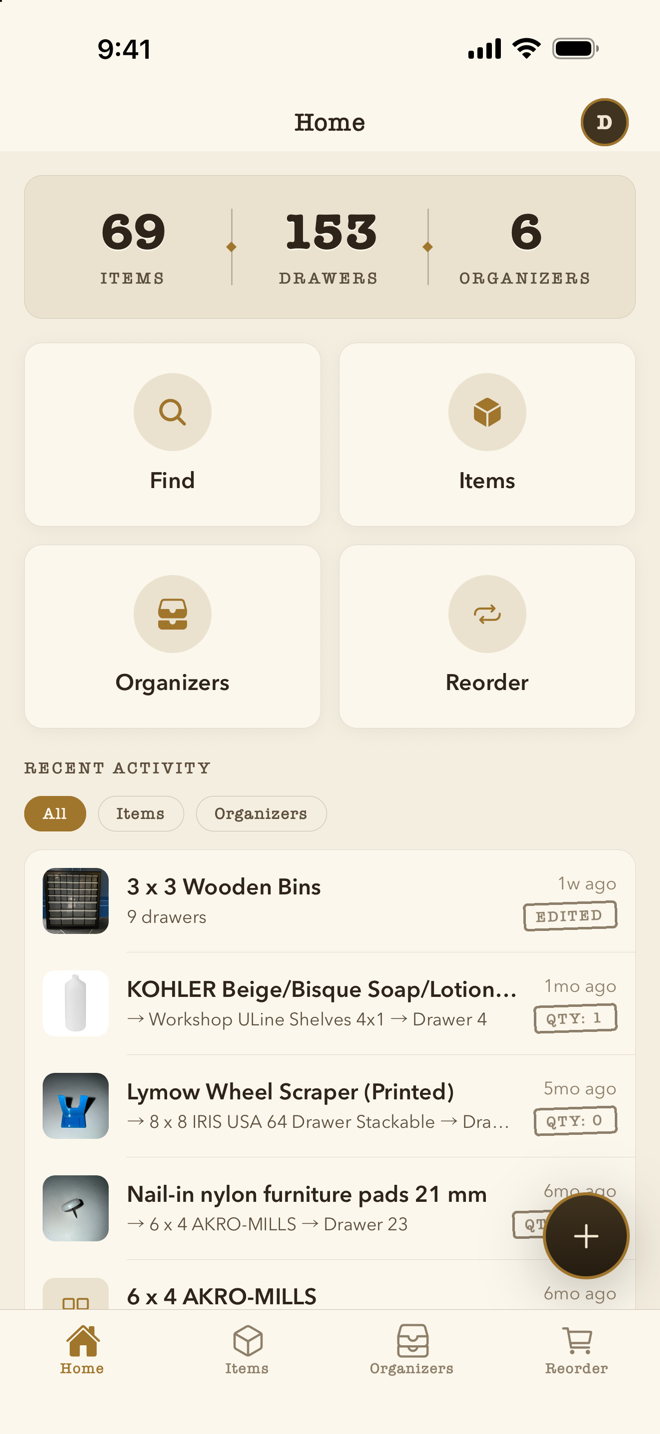 WhichDrawer 1.1 home screen in light mode: warm paper surfaces, brass accents and typewriter stat labels
